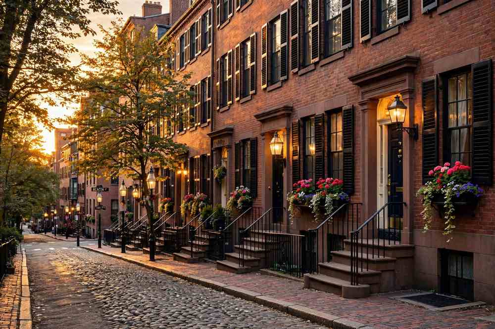 Brick rowhouses and gas lamps along cobblestoned Acorn Street on Beacon Hill in Boston